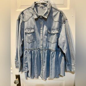 Light Wash Denim Peplum Button-Up Shirt, 2XL